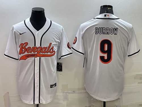 Mens Cincinnati Bengals #9 Joe Burrow White With Patch Cool Base Stitched Baseball Jersey->cincinnati bengals->NFL Jersey